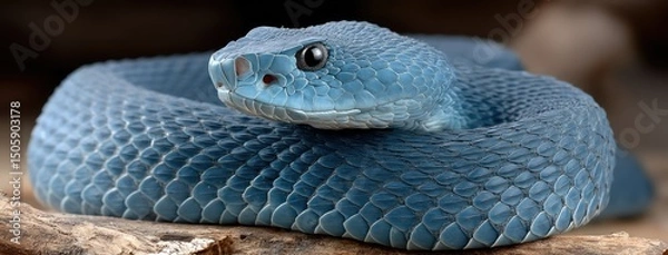 Fototapeta A stunning blue viper snake is elegantly coiled around a branch, striking a captivating pose amidst a softly blurred background