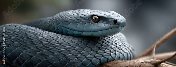 Fototapeta A stunning blue viper snake is elegantly coiled around a branch, striking a captivating pose amidst a softly blurred background