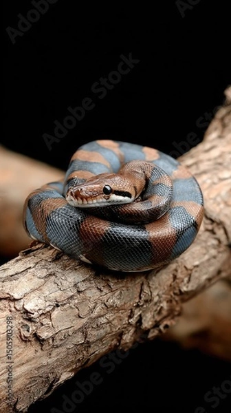 Fototapeta A stunning blue viper snake is elegantly coiled around a branch, striking a captivating pose amidst a softly blurred background