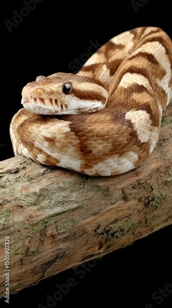Fototapeta A stunning blue viper snake is elegantly coiled around a branch, striking a captivating pose amidst a softly blurred background