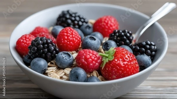 Fototapeta Colors and textures combine in a tantalizing fruit and granola bowl, creatively arranged for a delightful culinary experience