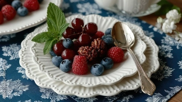 Fototapeta Colors and textures combine in a tantalizing fruit and granola bowl, creatively arranged for a delightful culinary experience