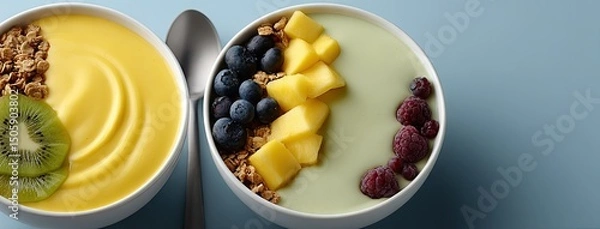 Fototapeta Colors and textures combine in a tantalizing fruit and granola bowl, creatively arranged for a delightful culinary experience