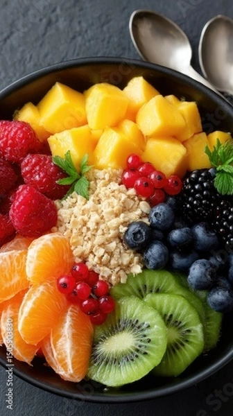 Fototapeta Colors and textures combine in a tantalizing fruit and granola bowl, creatively arranged for a delightful culinary experience