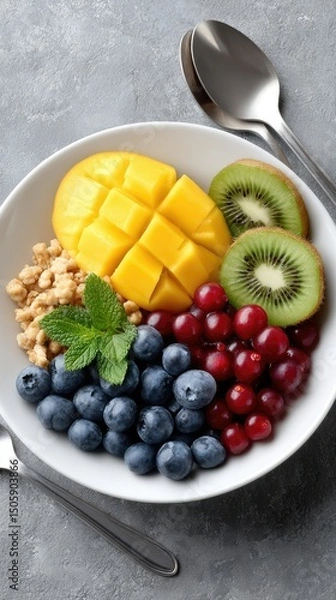 Fototapeta Colors and textures combine in a tantalizing fruit and granola bowl, creatively arranged for a delightful culinary experience