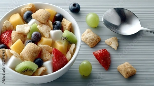 Fototapeta Colors and textures combine in a tantalizing fruit and granola bowl, creatively arranged for a delightful culinary experience