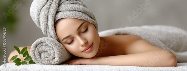 Fototapeta Relaxation and tranquility experienced by a woman on a massage table in a serene spa environment with a towel under her head while enjoying a soothing treatment