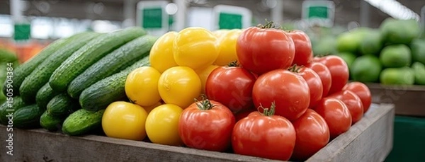 Fototapeta Vibrant display of fresh tomatoes and cucumbers on a bustling market stand amidst colorful fruits and vegetables in natural light