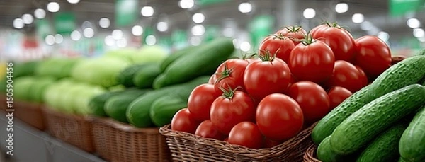 Fototapeta Vibrant display of fresh tomatoes and cucumbers on a bustling market stand amidst colorful fruits and vegetables in natural light