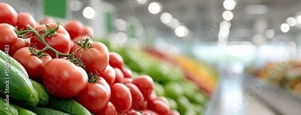 Fototapeta Vibrant display of fresh tomatoes and cucumbers on a bustling market stand amidst colorful fruits and vegetables in natural light