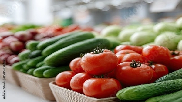 Fototapeta Vibrant display of fresh tomatoes and cucumbers on a bustling market stand amidst colorful fruits and vegetables in natural light