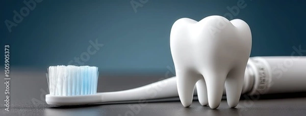 Fototapeta Dental model featuring a clean smile with blue toothbrushes for oral care education, showcasing macro photography and high-resolution details