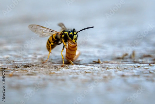 Fototapeta Common wasp scouting near flowers in summer garden