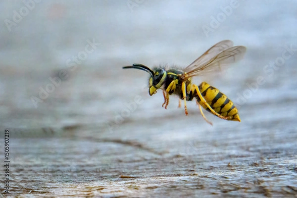 Fototapeta Common wasp scouting near flowers in summer garden