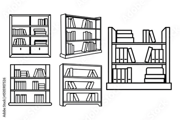 Obraz Set of bookshelves line art vector illustration on white background.