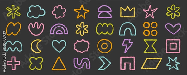 Fototapeta Abstract geometric shapes and forms, chalk pencil doodle set. Crayon modern figures, brush crown, star, heart in sketch style. Hand drawn vector illustration isolated on black background