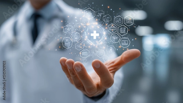 Fototapeta Innovative healthcare concepts showcased by a man's hand holding global symbols