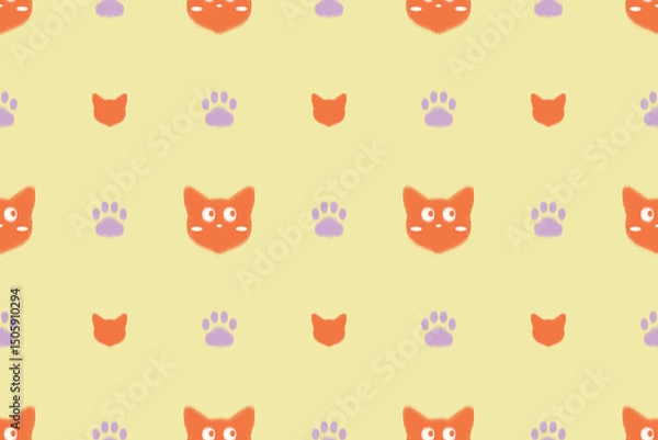 Fototapeta Seamless ikat background with cat faces and paw prints. Perfect for kids’ projects, baby decor, cute packaging, or pet-themed items.