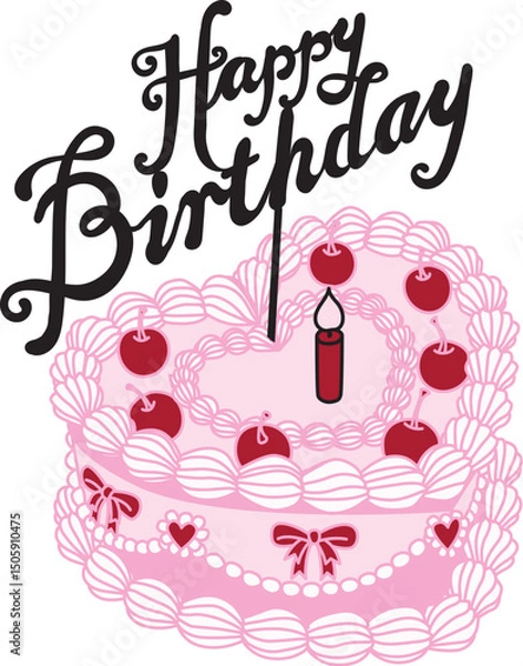 Obraz Line art drawing bow ribbons around pink heart shape Happy Birthday cake with cherry toppings, clipart coquette aesthetic for design element . Vector illustration.	