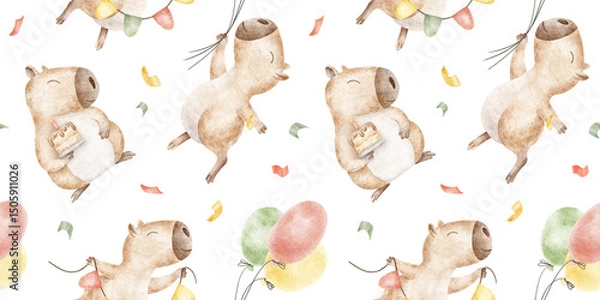 Fototapeta Festive capybara flying on balloons, confetti and cake. Hand drawn watercolor seamless surface pattern design. Background for birthday party, anniversary, congratulation, celebration, wrapping paper