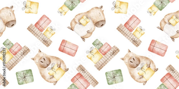 Fototapeta Capybara among colorful gift boxes. Hand drawn watercolor seamless surface pattern design. Background for birthday party design, anniversary, congratulation, celebration, wrapping paper