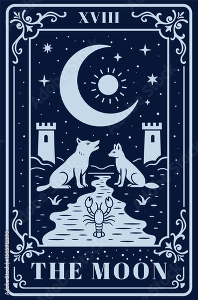 Fototapeta Mystical tarot card The Moon illustration with crescent moon, symbolic river monochromatic one color flat vector esoteric design for boho prints, witchy decor, spiritual art, and magic symbolism