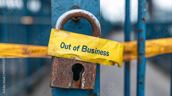 Fototapeta business closed. Closed padlock with "Out of Business" sign on a gate.