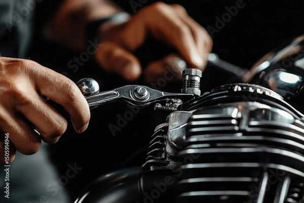 Obraz Close-up of hands using tools to repair a motorcycle engine.