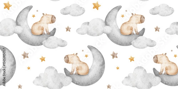 Fototapeta Capybaras sleeping on crescent moon among clouds and stars. Hand drawn watercolor kids seamless pattern. Repeat background of guinea pig for bed linen, textile, wrapping paper, clothes, pajamas