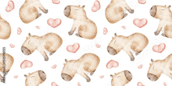 Fototapeta Capybaras in love and red hearts. Valentine's Day background with cute rodent. Hand drawn watercolor seamless surface pattern design of guinea pig for February 14,wallpaper, textile, wrapping paper