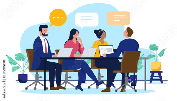 Obraz Diverse business professionals engaged in lively discussion and idea exchange during a collaborative office meeting, utilising laptops for teamwork and planning. Flat design vector illustration
