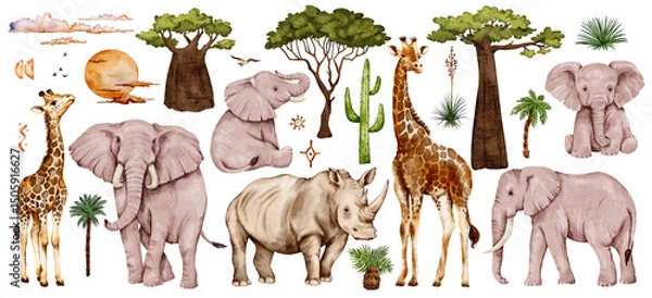 Fototapeta Watercolor set on safari theme. African animals, leaves, trees, sky elements, shapes and backgrounds. Elements of Africa. Children's illustration with elephants and giraffes on white background. 