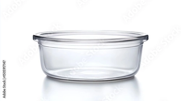 Fototapeta A clear glass bowl sits on a white surface with a subtle reflection showcasing its simple design