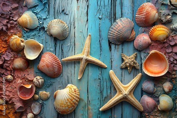 Fototapeta Colorful seashells and starfish on a distressed wooden surface.