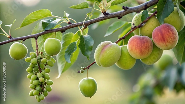 Obraz Branch bearing a variety of fresh fruits including apples grapes and peaches ready to harvest