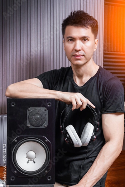 Obraz asian handsome male music producer posing with loudspeaker and headphone on audio diffuser background in studio