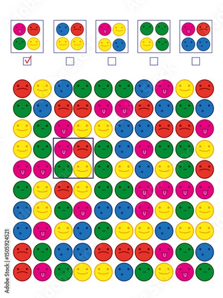 Fototapeta Activity worksheets for kids education with many exercises. Logic games with smiles. Puzzles