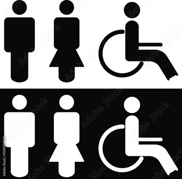 Fototapeta Gender and Disability Restroom icons Set. Male, female and disabled toilet symbol, washroom signs, WC toilet, Hand wash signs isolated on transparent Background. vector illustration 