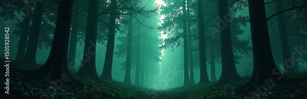 Obraz mystical green forest shrouded night dark silhouettes towering trees creates haunting horror