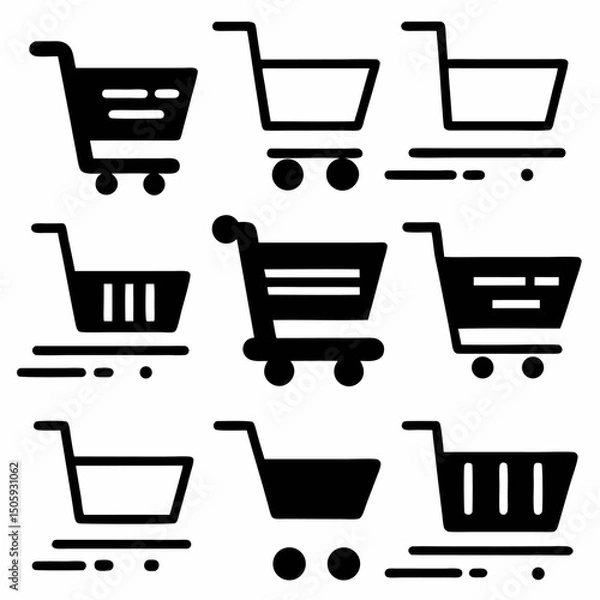 Fototapeta Vector shopping cart icon set with basket, trolley, and shop symbols for retail commerce and web design