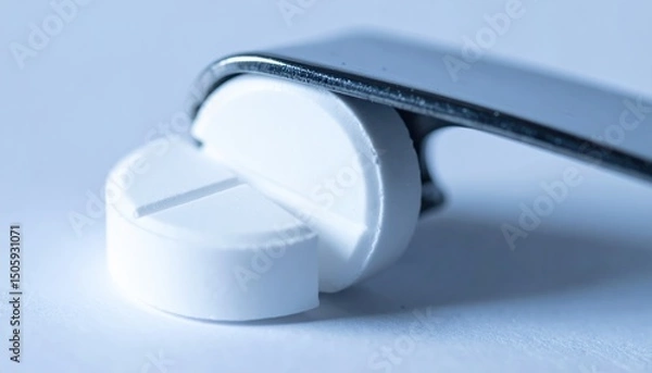 Obraz Close up of a scored white pill being held by a metallic pill splitter A detailed view of medication dosage preparation