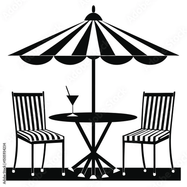 Obraz Table Two Chairs Parasol Black White Minimalist