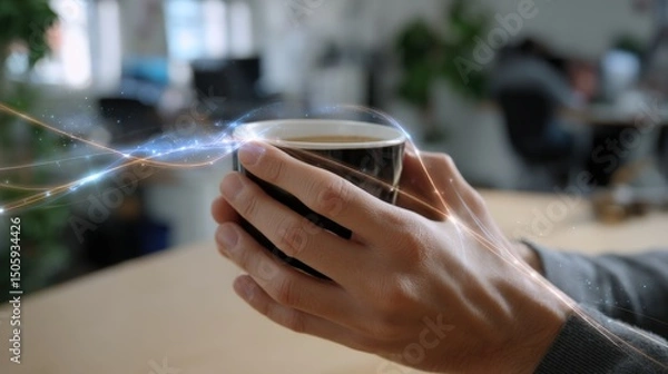 Fototapeta Close-up of hands holding a coffee cup, with an office background featuring light streaks and energy waves in the air around them. 