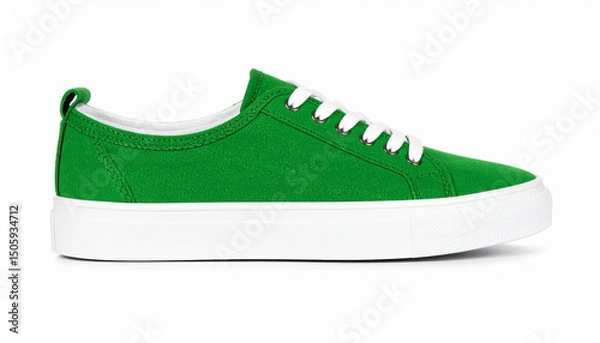 Fototapeta Green canvas sneakers with white sole isolated on white background