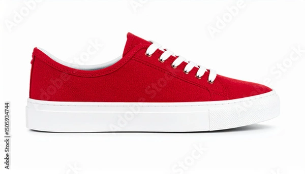 Fototapeta Red canvas shoe with white sole resting on white background