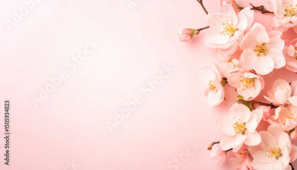 Fototapeta Delicate pink flowers blooming on a pastel pink background creating a serene spring atmosphere