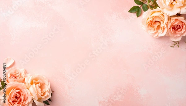 Fototapeta Peach roses frame decorating a pink textured background for wedding invitations or greeting cards