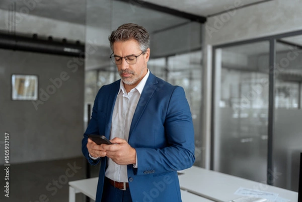 Fototapeta Middle eastern arab or latin senior business manager man ceo using cell phone mobile. Focused Indian mature businessman in suit and eyeglasses holding smartphone standing in office, working on device
