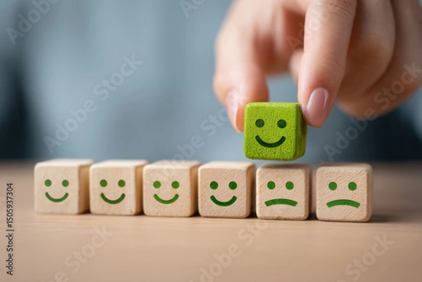 Fototapeta A hand places a green happy face block atop a row of wooden blocks with varying expressions, symbolizing the importance of customer satisfaction in achieving positive feedback