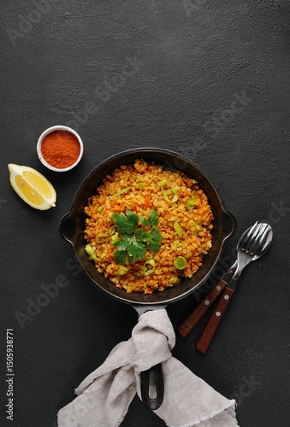 Obraz Bowl with red lentil with leek on black background. Vegan cuisine. top view , copy space